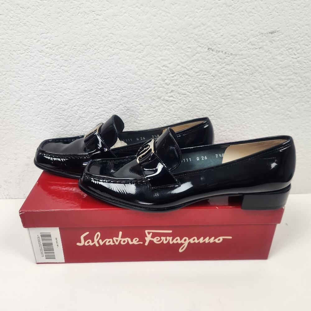 Salvatore Ferragamo Nero Nappy Calf Loafer Black Patent Leather 7.5B Narrow
